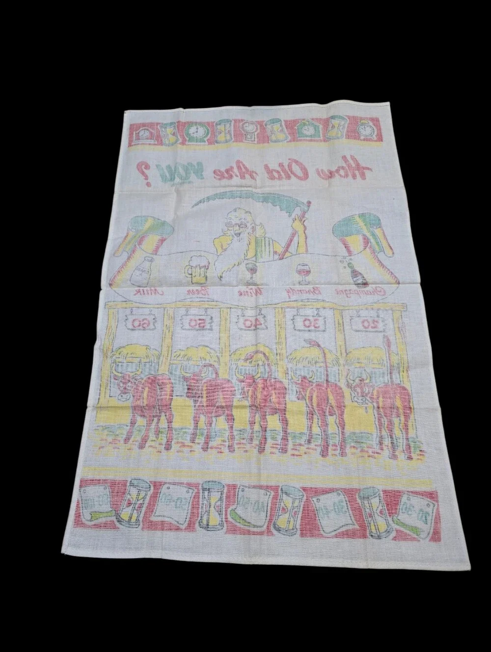Vintage | 'How Old Are You?' Bar Tea Towel with Colorful Print